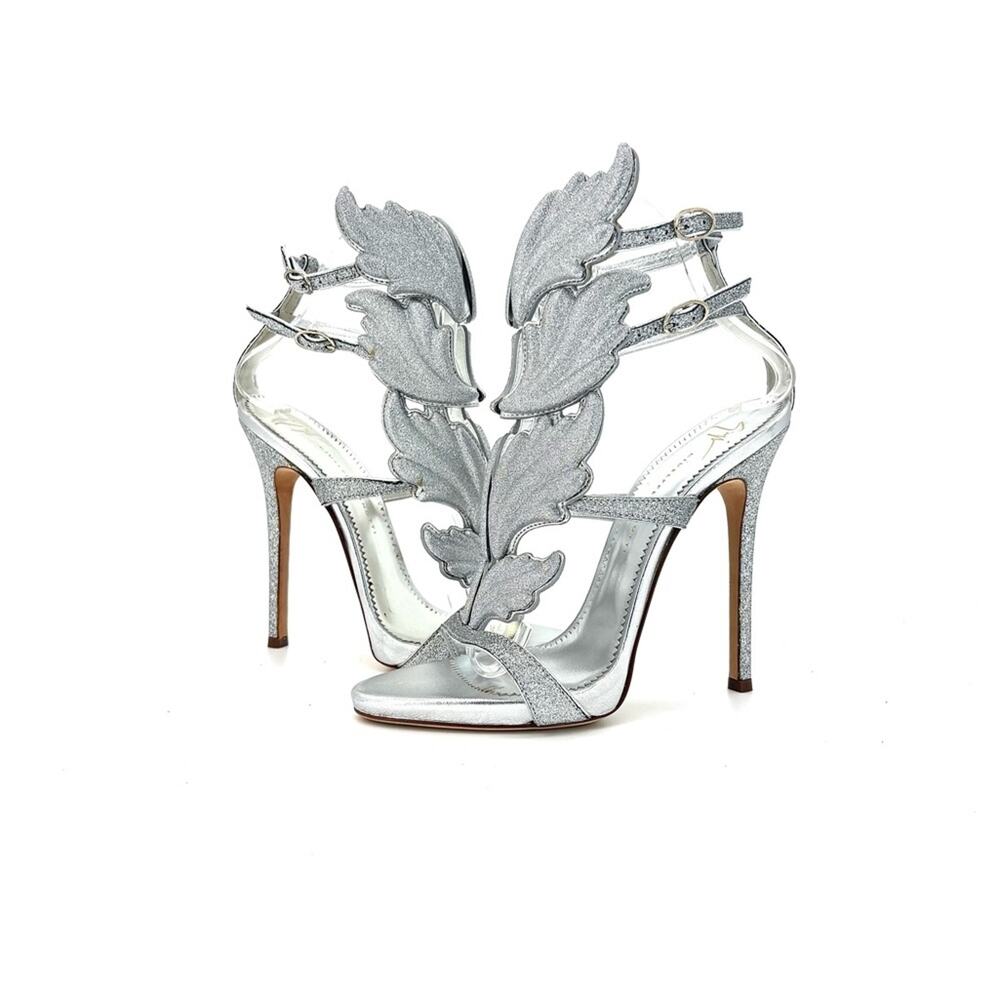 NIB Giuseppe Zanotti Cruel Summer Silver Glitter Wing Strappy Sandals 37 - Picture 3 of 12